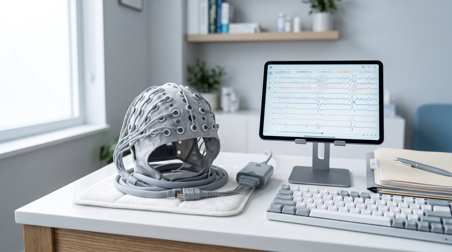 کلاه الکترود EEG و نمایش امواج مغزی در مطب